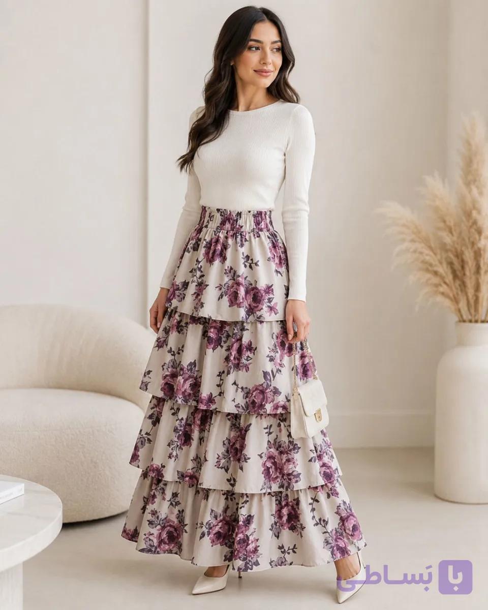 دامن زنانه چهارلایه گل‌دار کشی