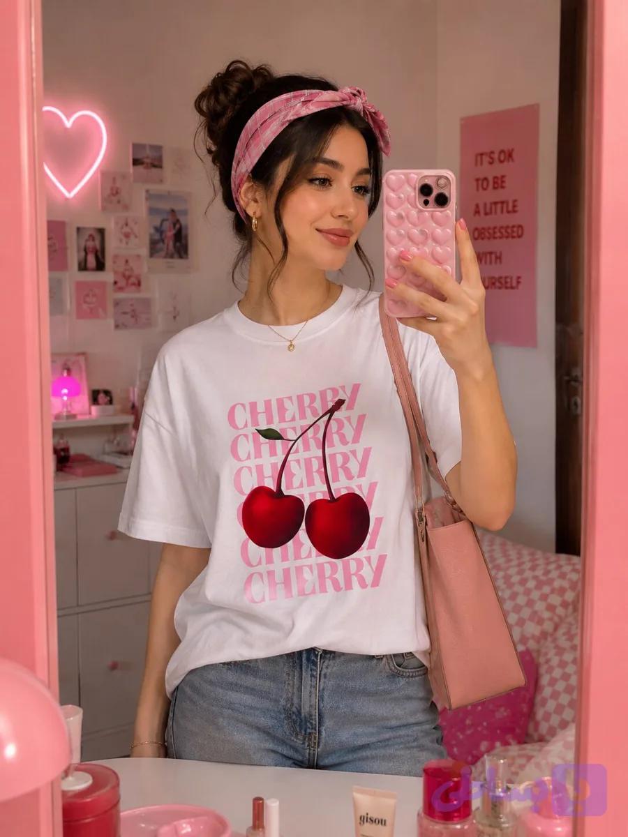 تیشرت باکسی طرح گیلاس cherry ترند تابستانه با کیفیت — تصویر 1