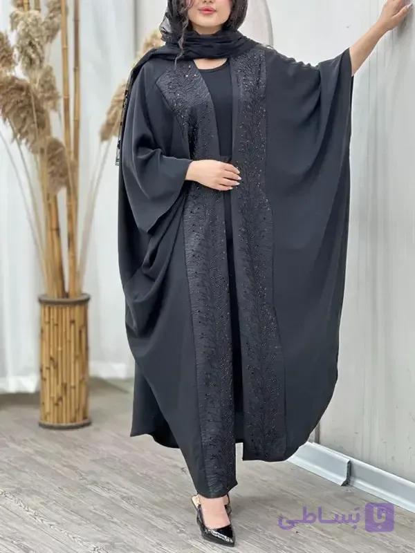 مانتو عبای وارداتی زنانه با کرپ اسود درجه یک و خرجکار منجوق‌دوزی — تصویر 1