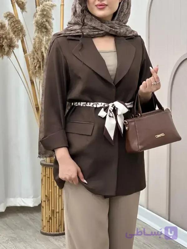 کت  زنانه با پارچه کرپ هرمس وارداتی با کمربند دیور/ چرمی — تصویر 1