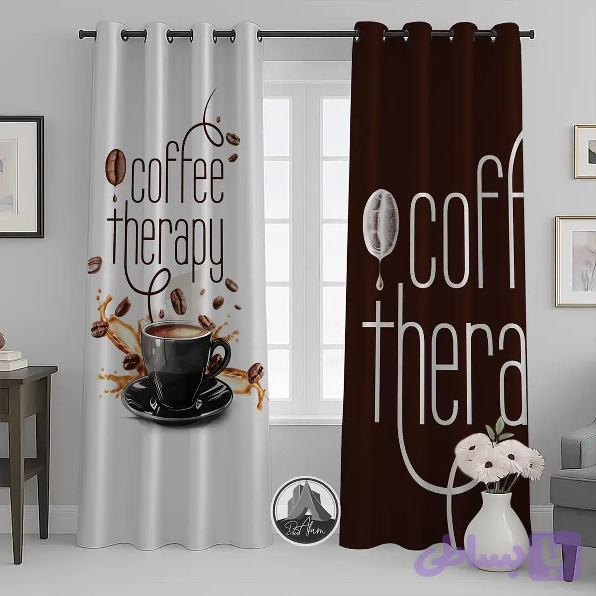 پرده کافی شاپ طرح فنجان قهوه و نوشته Coffee Therapy کد DA-(4026) | دکور آشپزخانه — تصویر 1