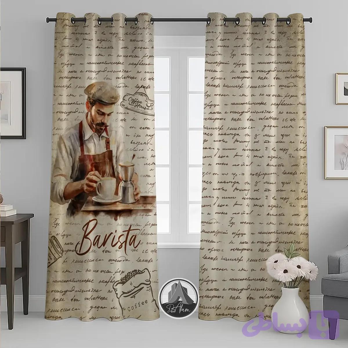 پرده کافی شاپ طرح باریستا با زمینه دست‌نویس قدیمی کد DA-(4028) | دکور کافه کلاسیک — تصویر 1