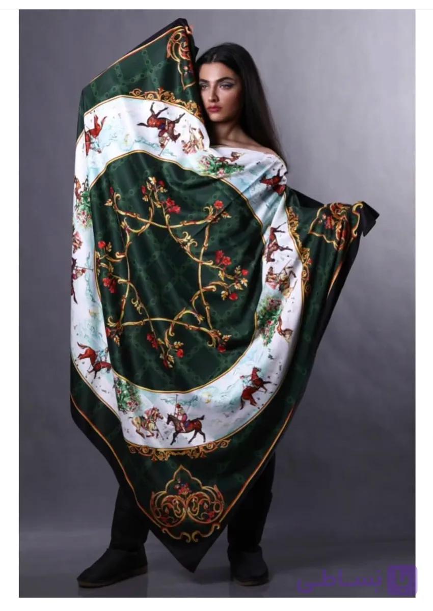 روسری ساتن ابریشم طرح چوگان — تصویر 1