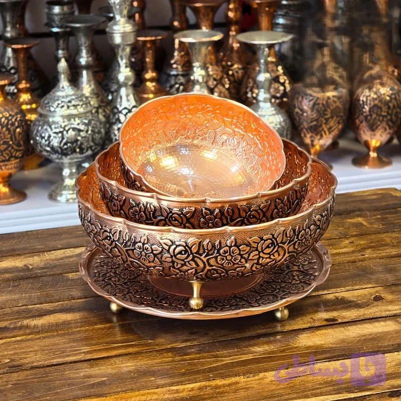 ست پذیرایی مسی گل رز سه پایه کروم ۴ تکه زنجان — تصویر 1
