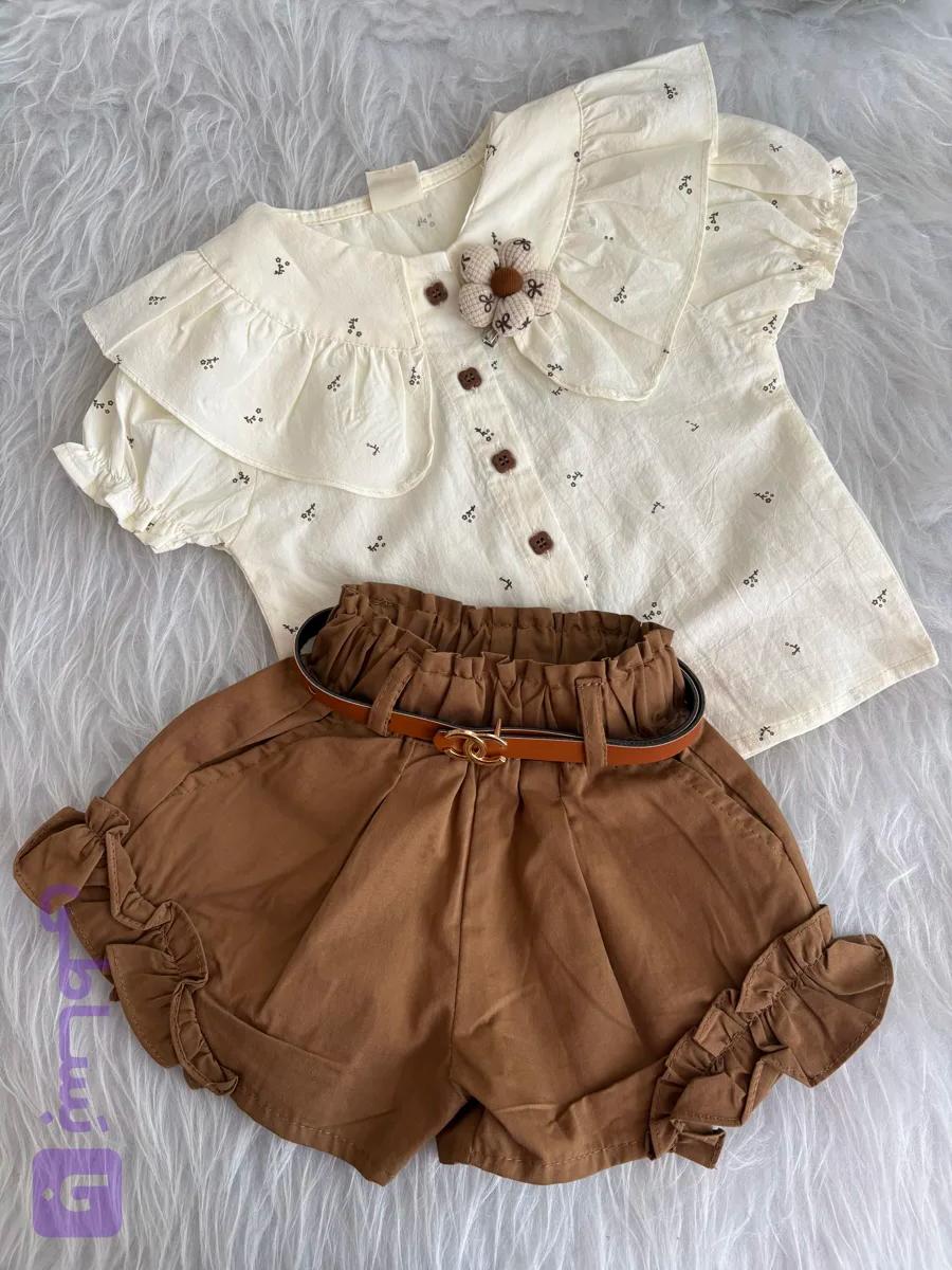 ست شومیز شلوارک  شیری قهوه ای