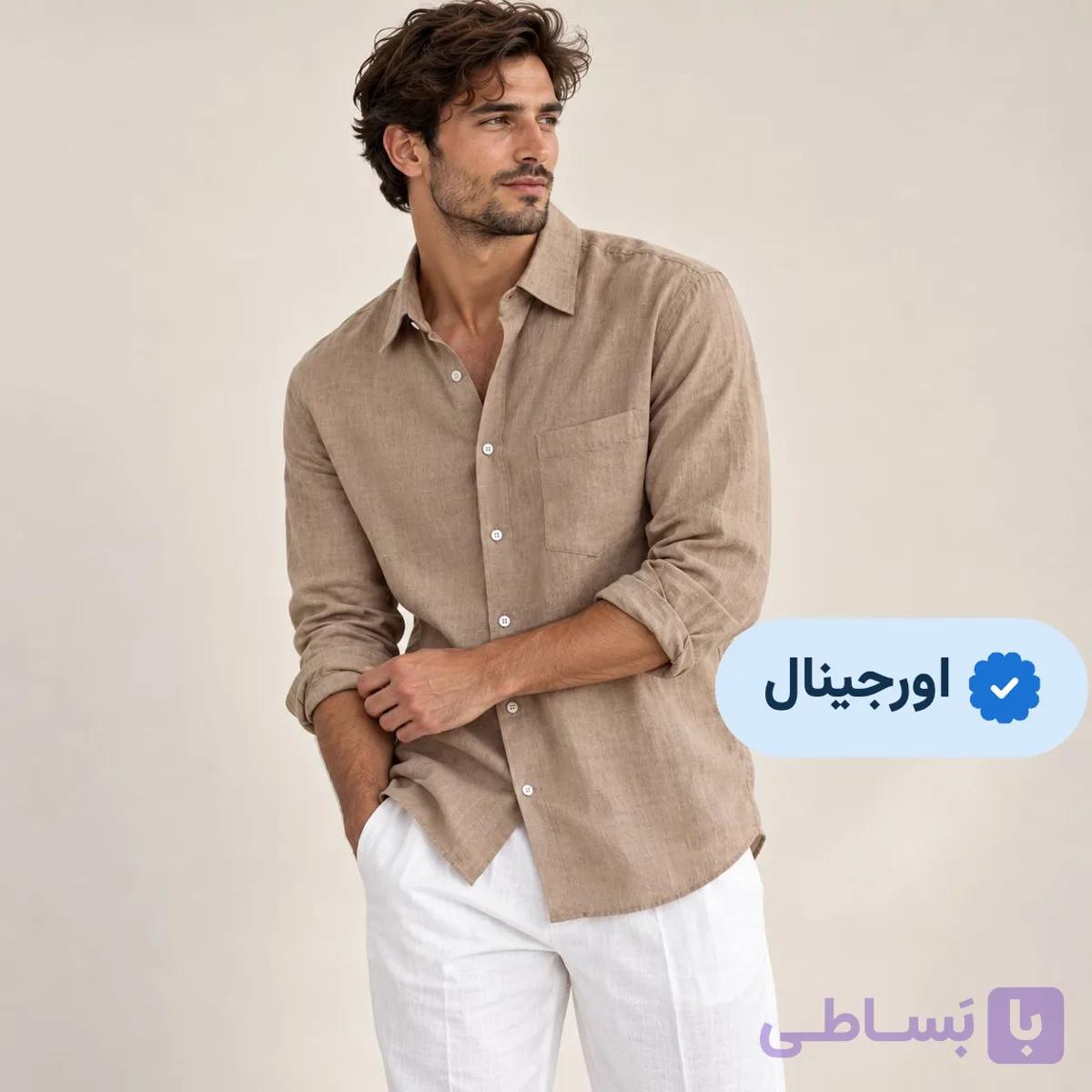 پیراهن کنفی آستین بلند مردانه وارداتی زارا ZARA- کرم تیره — تصویر 1