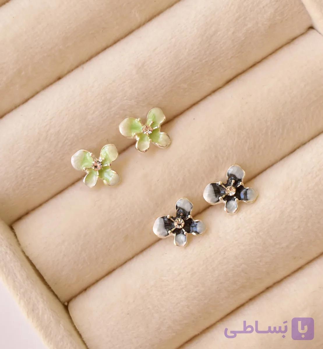 گوشواره میناکاری میخ روکش نقره گل دفرمه