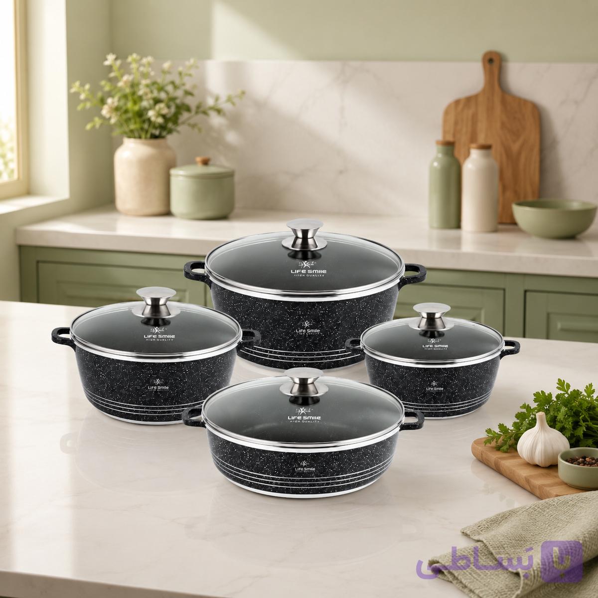 سرویس قابلمه 8 پارچه لایف اسمایل مدل LIFEP7-8BLACK گرانیتی نچسب