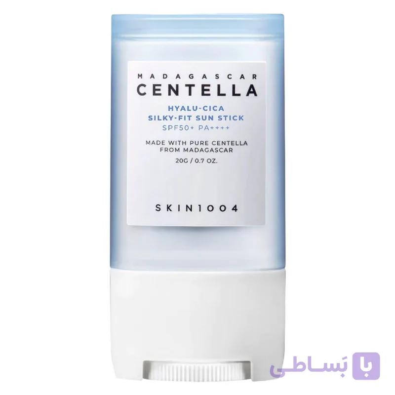 استیک ضد آفتاب بی‌رنگ سانتلا، SPF 50، مدل skin1004، مناسب انواع پوست با حجم 20 میلی‌لیتر، محافظت‌کننده در برابر اشعه‌های UVA و UVB، ضد حساسیت و مرطوب‌کننده، PA++++، روشن‌کننده، دارای فرمولاسیون عصاره مغذی و هیالورونیک اسید، با ماندگاری 3 ساعته