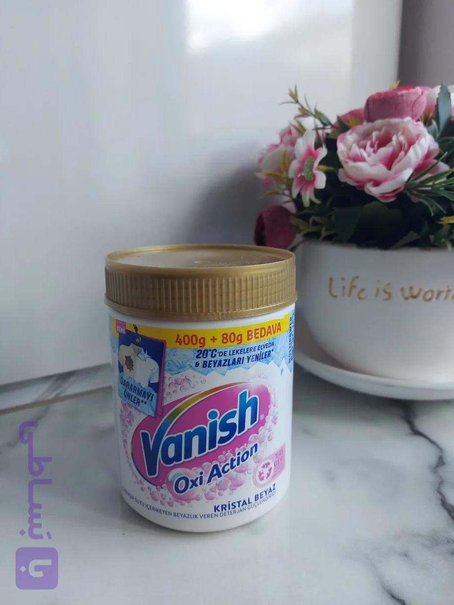 پودر لکه‌ بر و سفید کننده لباس ونیش vanish مدل اوکسی اکشن کریستال وایت وزن ۴۸۰ گرم