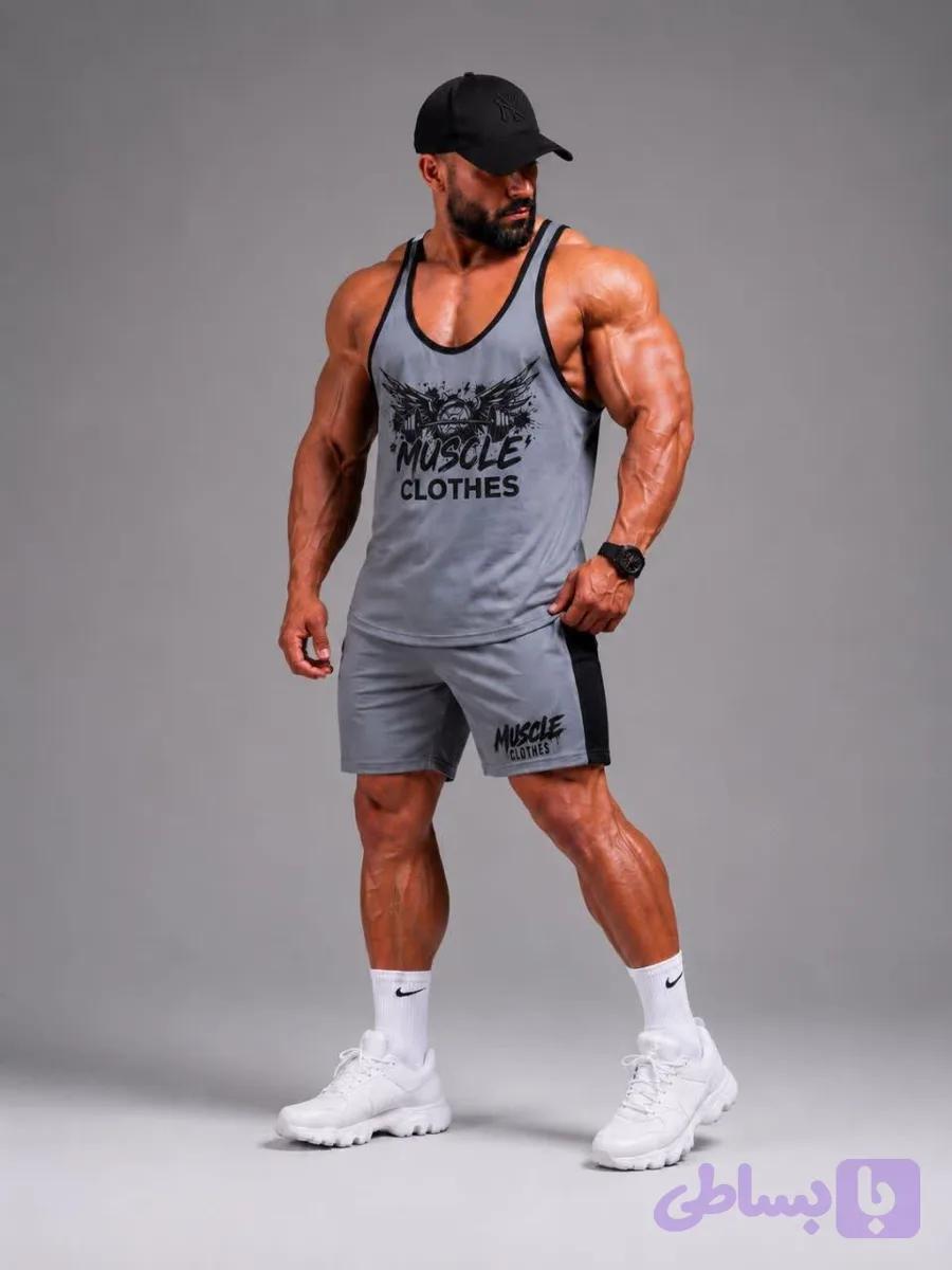 ست رکابی و شلوارک ماسل کلودز MUSCLE CLOTHES طوسی — تصویر 1