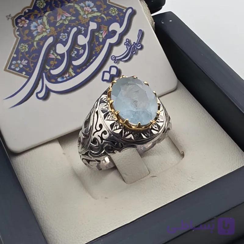 انگشتر مردانه نقره عیار ۹۵با سنگ عقيق یمنی کبود رکاب دست ساز شبکه وآینه کاری — تصویر 1