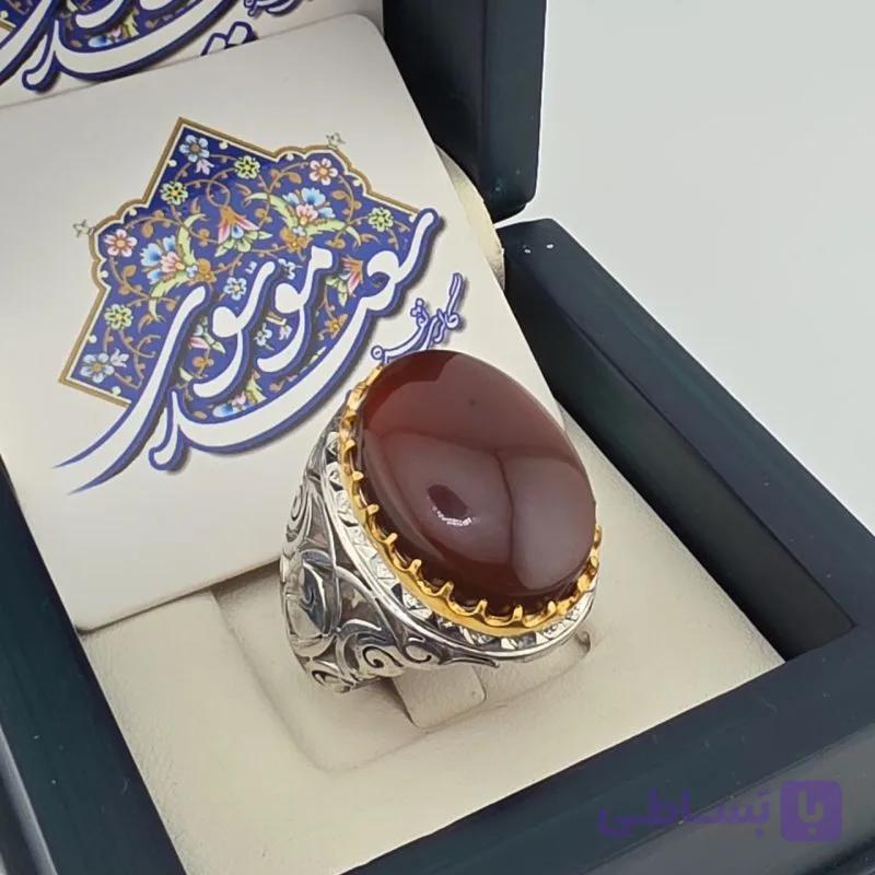 انگشتر مردانه نقره عیار ۹۵با سنگ عقيق یمنی سرخ کبدی الماس تراش رکاب دست ساز آینه کاری — تصویر 1