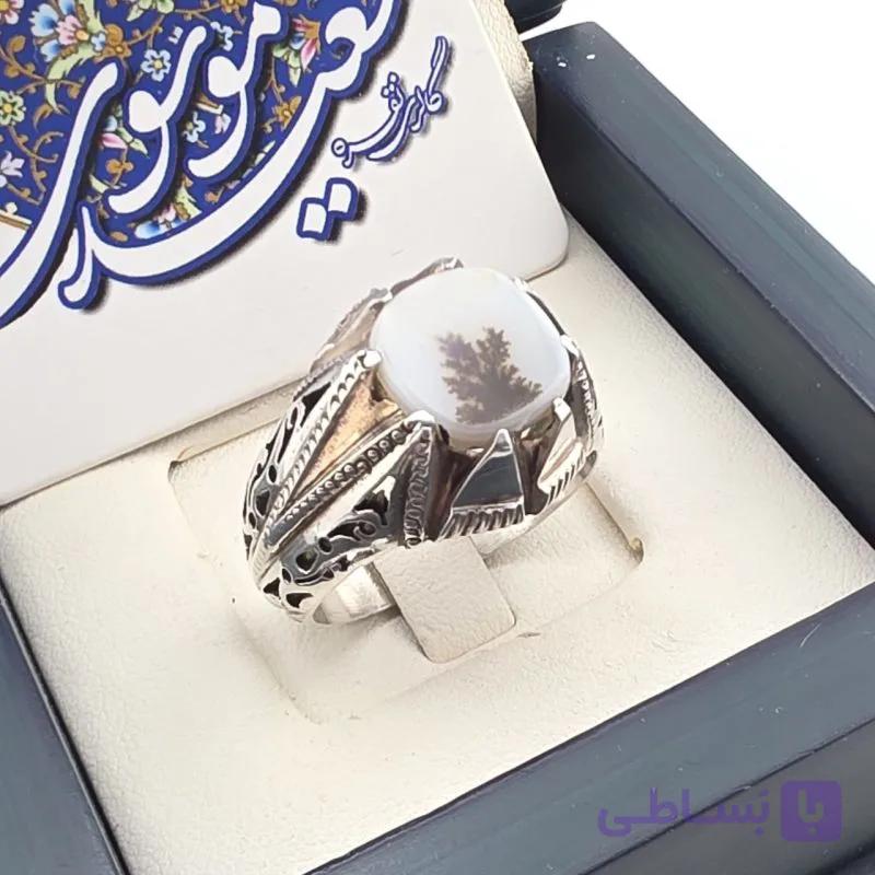 انگشتر مردانه نقره عیار ۹۲۵با سنگ عقيق شجری قائن مربع رکاب دست ساز شبکه — تصویر 1