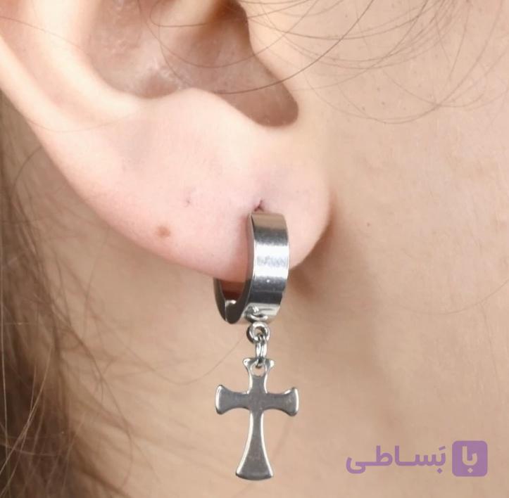 گوشواره آویز پلاس پیرسینگ مردانه اسپرت استیل نقره ای
