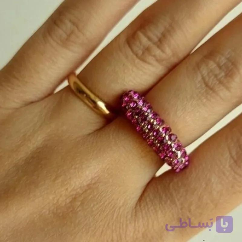 انگشتر زنانه فول نگین کریستال سرخابی حلقه طلایی دو عددی