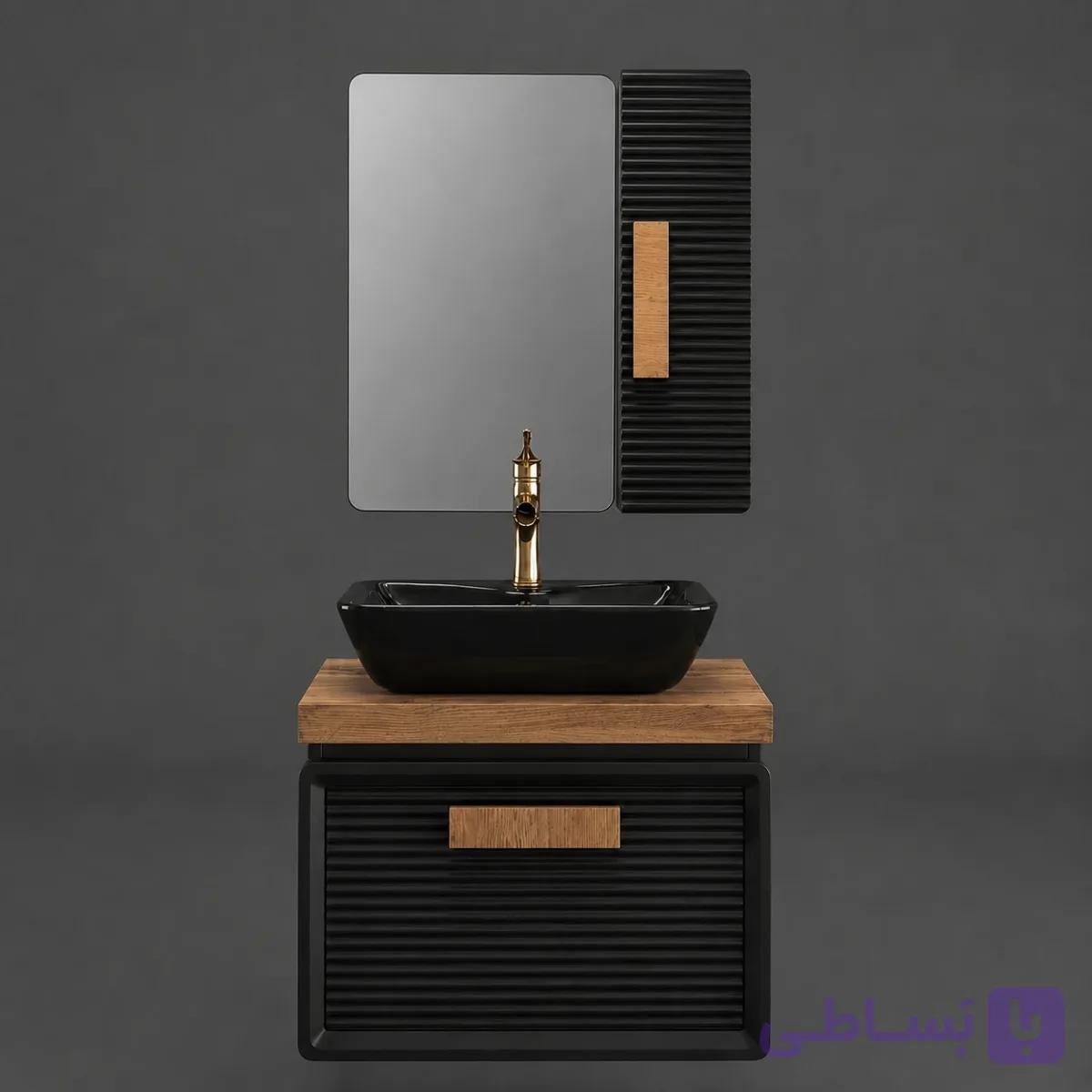 فول ست روشویی کابینتی با آینه و باکس مشکی مدل لوتوس بامبو کاسه گاتریا — تصویر 1