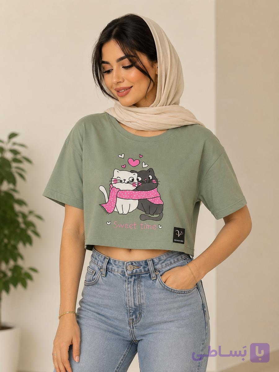 تیشرت کراپ طرح کیتی فری سایز جنس نخ پنبه خنک مناسب این فصل ضدحساست بدون پلاستیک درچهاررنگ جذاب