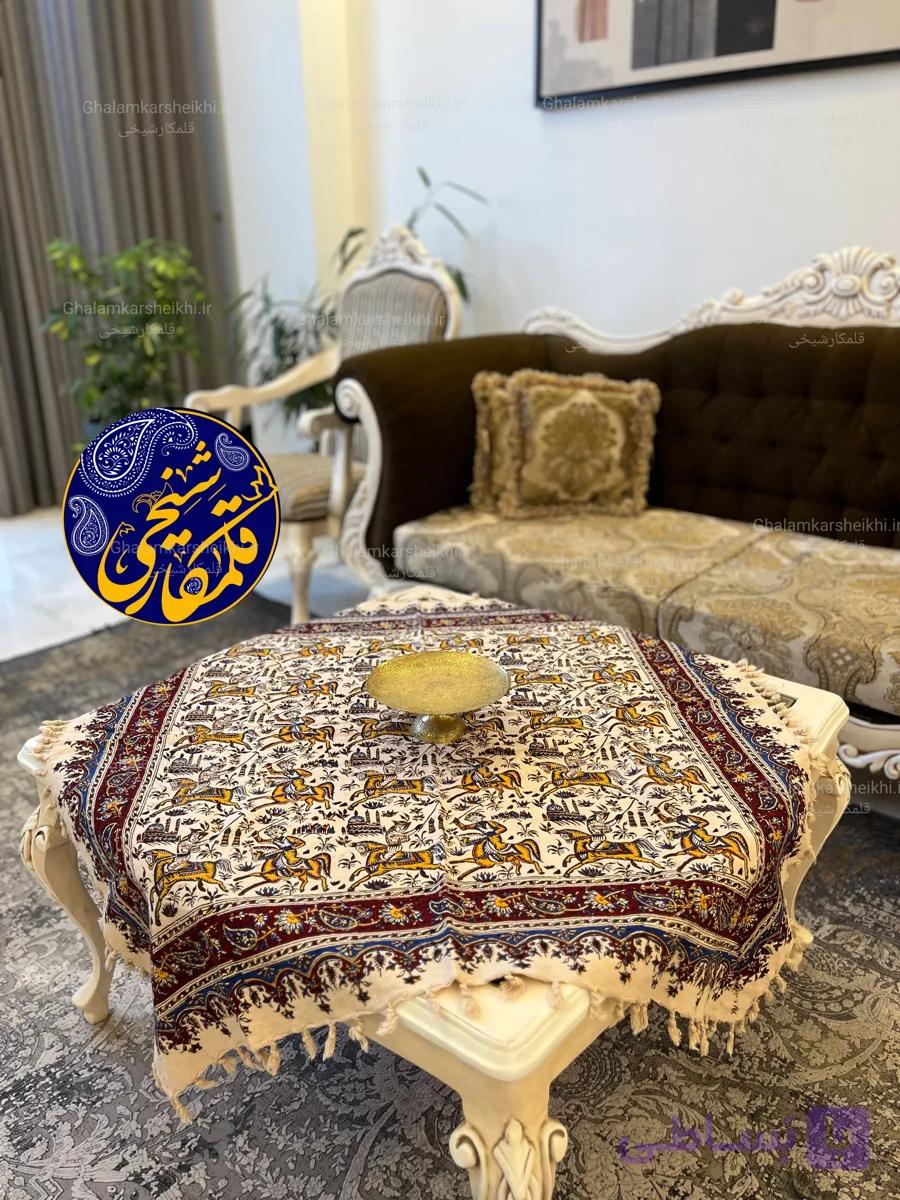 رومیزی چاپ قلمکار شیخی سایز ۱۰0 در ۱۰۰  طرح بازی چوگان