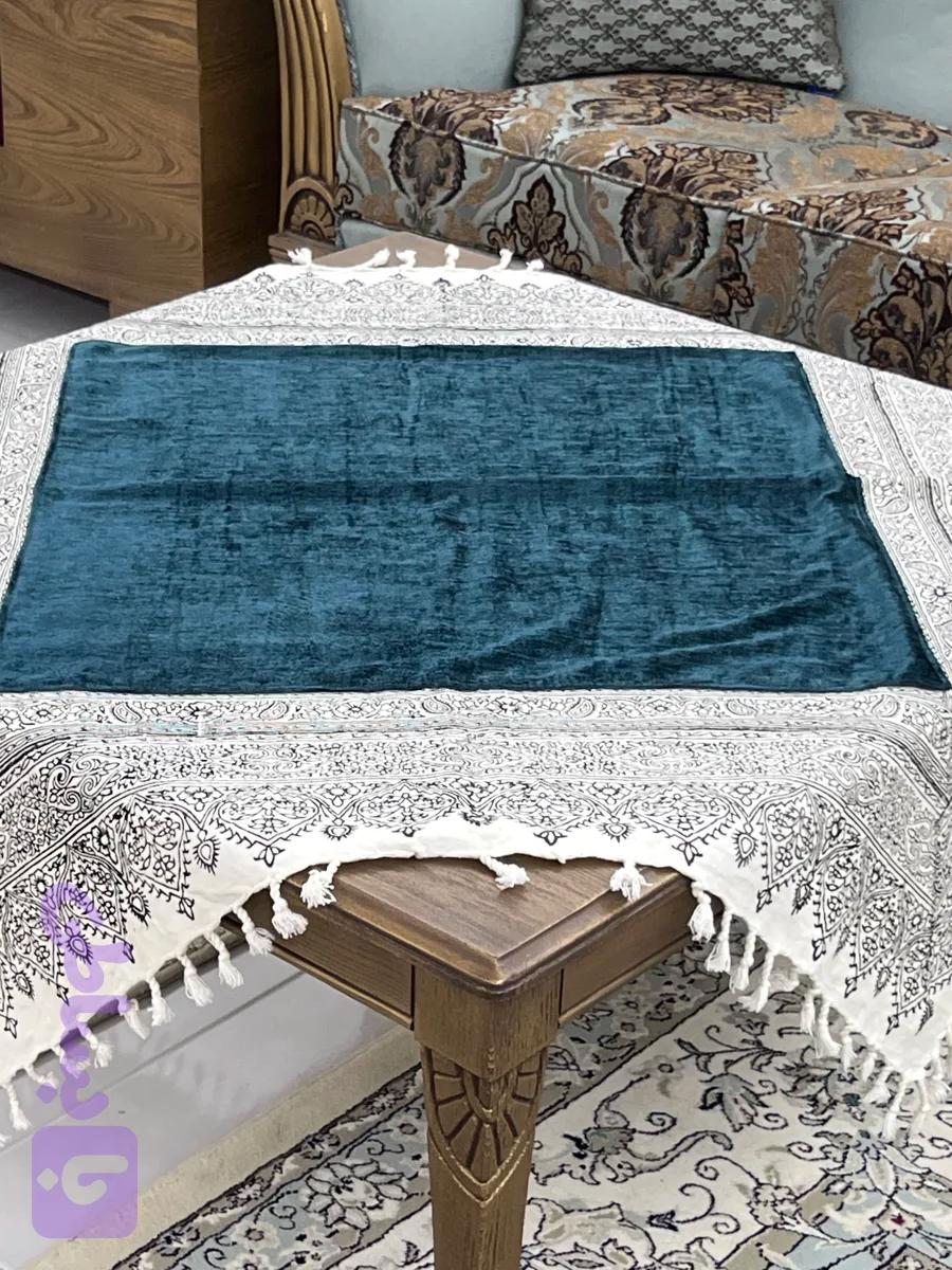 رومیزی چاپ قلمکار شیخی سایز ۱۰۰ در ۱۰۰ ترکیب کتان و مخمل