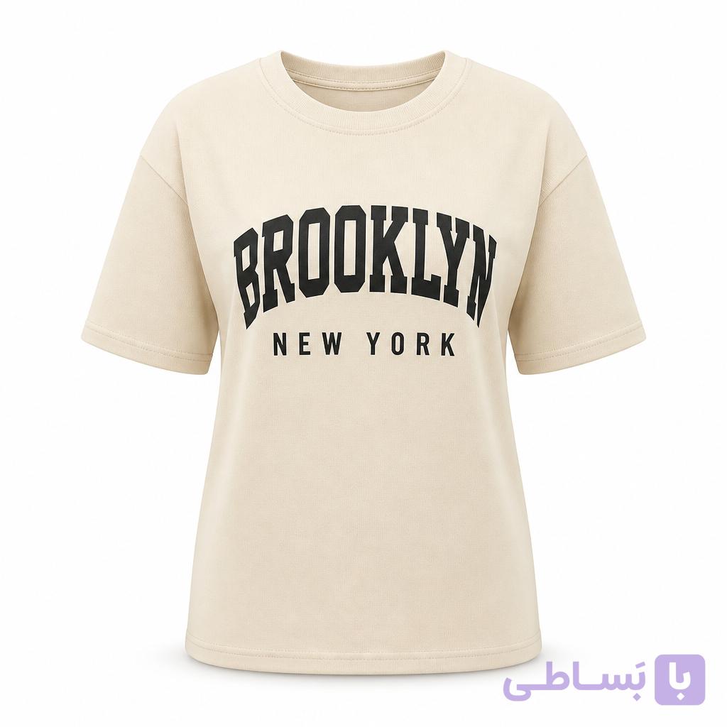 تیشرت زنانه ZARA اورجینال کرم صدفی چاپ BROOKLYN