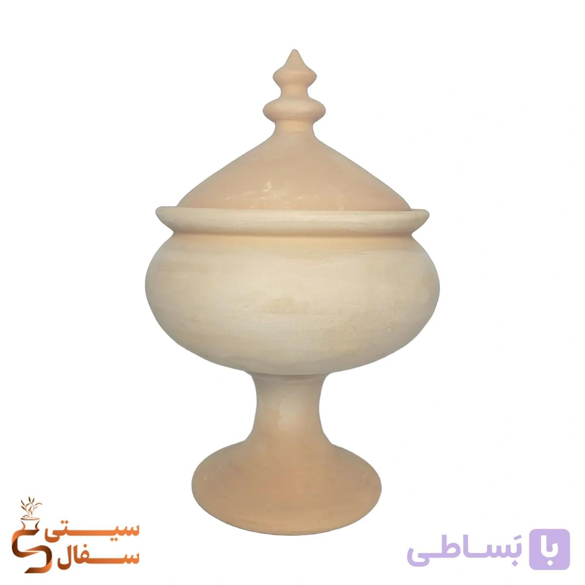 آجیل خوری سفالی خام پایه دار درب دار سایز بزرگ ارتفاع ۳۰ cm (بیس نقاشی اکریلیک و پتینه) — تصویر 1