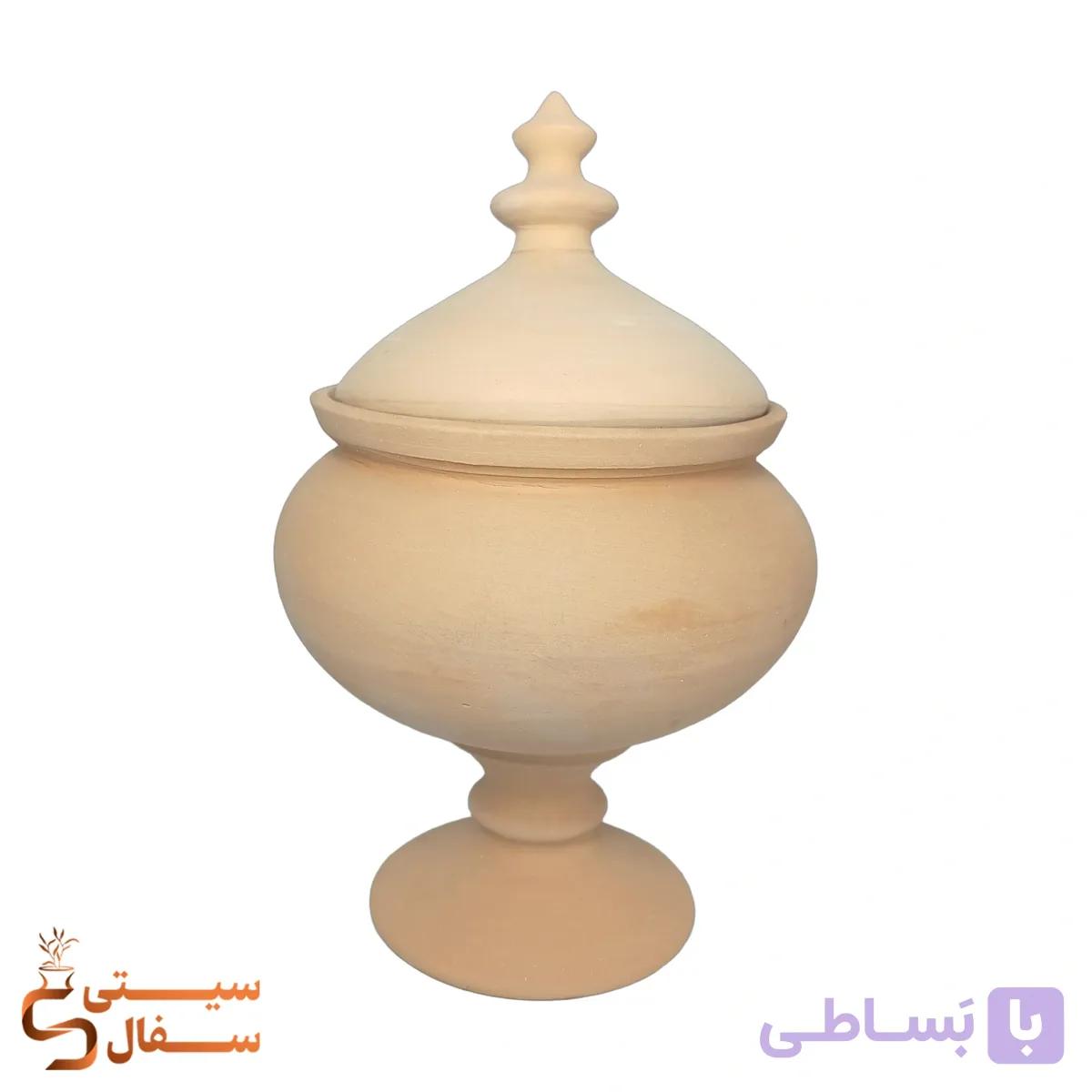آجیل خوری سفالی خام متوسط پایه دار درب دار ارتفاع ۲۵ سانت (بیس نقاشی، پتینه و هفت سین) — تصویر 1