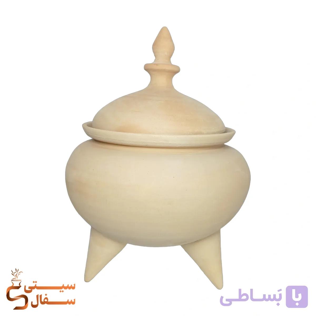 ظرف آجیل و شکلات خوری سفالی خام ۳ پایه لالجین سایز بزرگ درب دار (ارتفاع ۲۷ سانتی‌متر) — تصویر 1