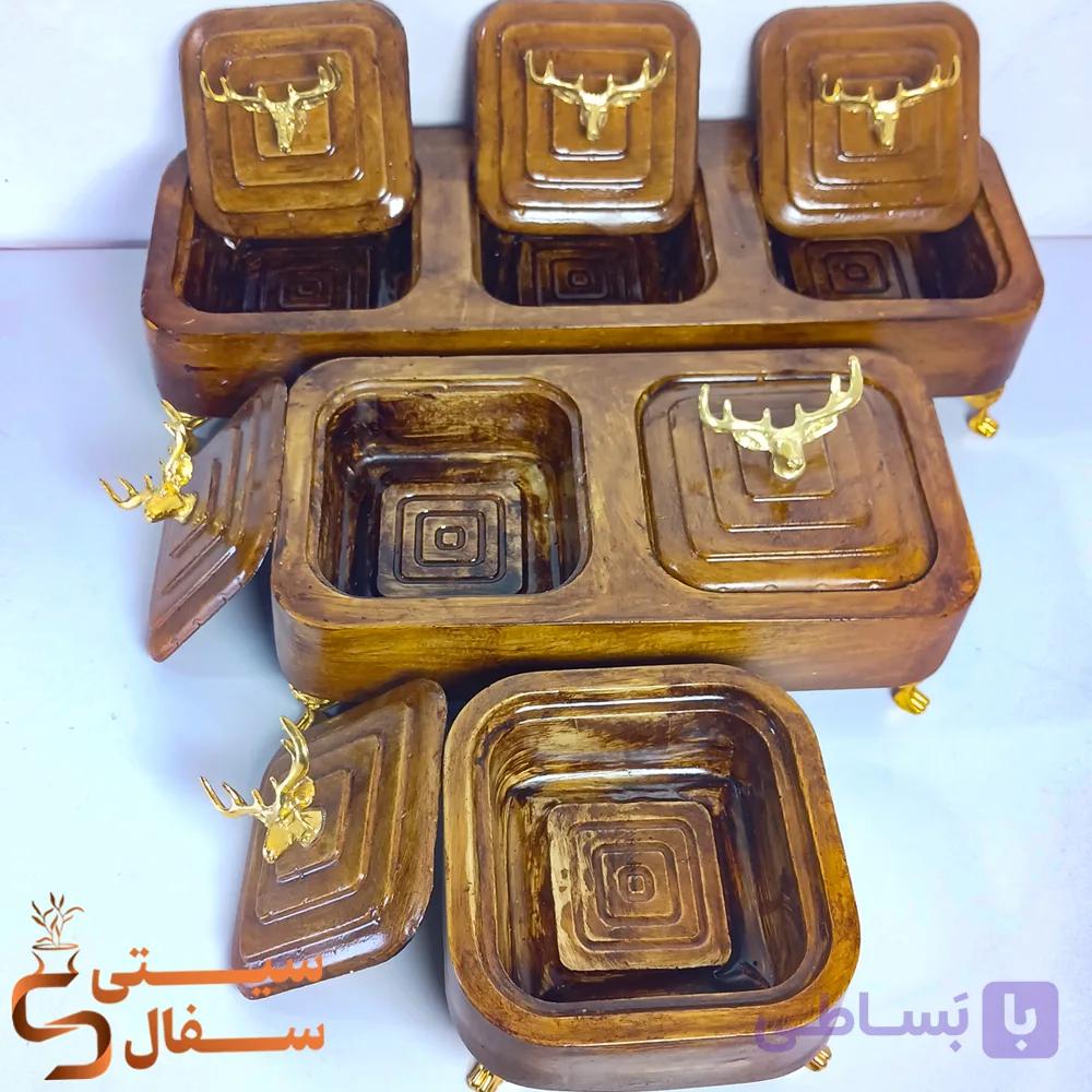 ست پذیرایی سنگ مصنوعی ۳ تکه (تک‌خانه، دوخانه و سه‌خانه) طرح چوب و گوزن با پایه طلایی — تصویر 1