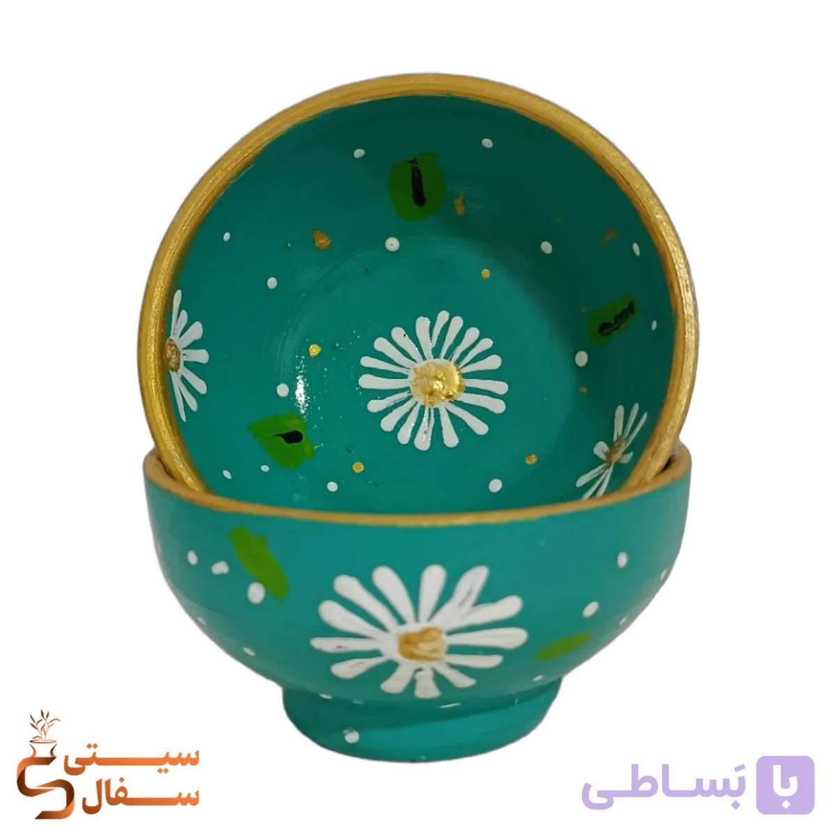 پیاله سفالی نقطه کوبی فیروزه ای طرح بابونه ضد آب (تکی، ۶ تایی و ۱۲ تایی) — تصویر 1