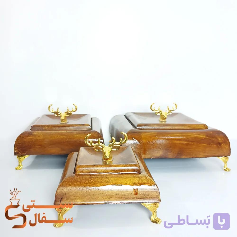ست پذیرایی سنگ مصنوعی ۳ تایی طرح چوب و شاخ گوزن با پایه فلزی طلایی و درب‌دار — تصویر 1