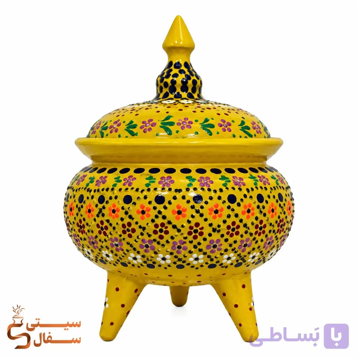 آجیل خوری سه پایه نقطه کوبی شده بزرگ (رنگ زرد خردلی، درب دار و ضد آب) — تصویر 1