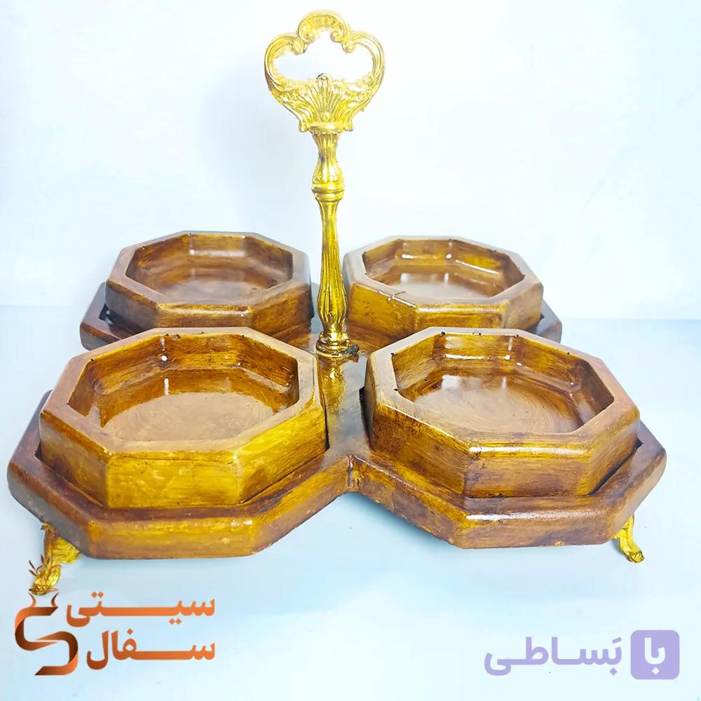 اردو خوری ۴ خانه هشت ضلعی سنگ مصنوعی طرح چوب دسته‌دار و پایه‌دار طلایی (پیاله جدا) — تصویر 1