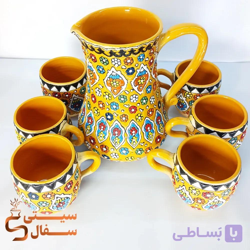 ست پارچ و لیوان میناکاری زرد خردلی سفالی (لعاب کوره‌ای اصل و قابل استفاده روزمره) — تصویر 1