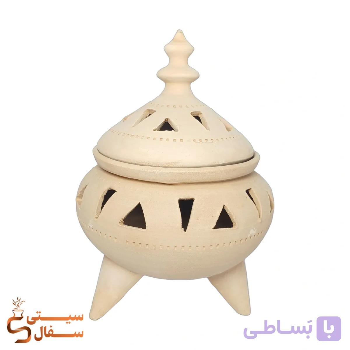 ظرف سه پایه مشبک سفال خام سایز متوسط (کاربرد چندمنظوره آجیل درشت، شکلات، جاشمعی و اسفندان) — تصویر 1