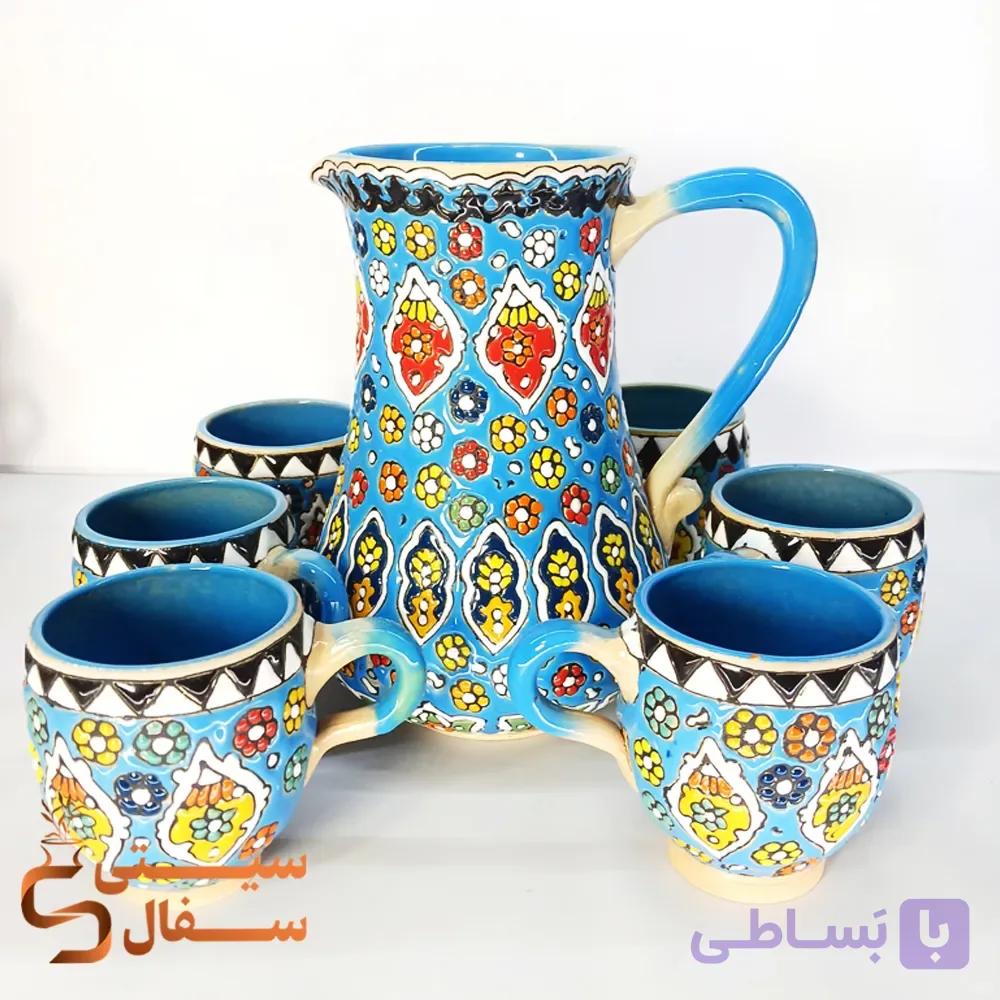 ست پارچ و لیوان میناکاری آبی سفالی (لعاب کوره‌ای اصل و قابل استفاده روزمره) — تصویر 1