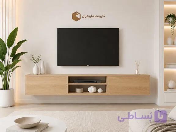 میز تلویزیون دیواری MDF مدل طرح چوب روشن 180 سانتی‌متری — تصویر 1