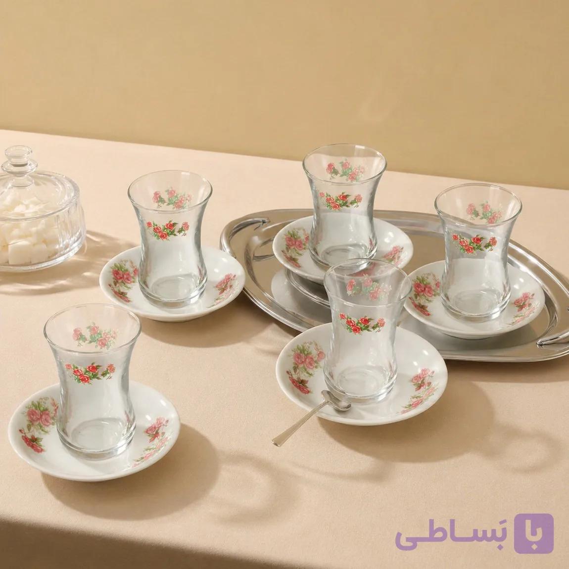 سرویس استکان بلوری گلسرخی و نعلبکی گلسرخی صادراتی-بسته ۶ عددی — تصویر 1