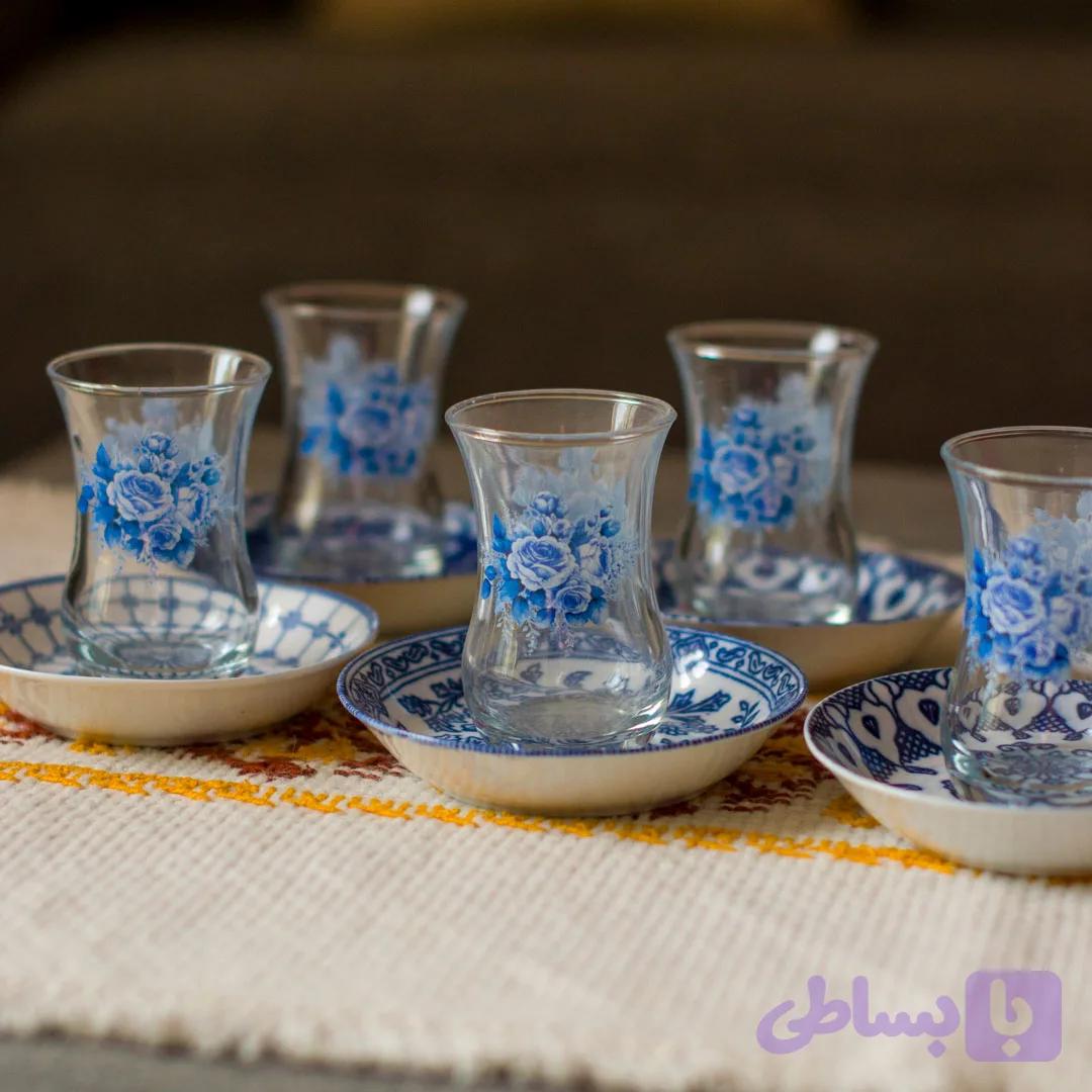 سرویس استکان آبی و نعلبکی قلم آبی – ۶ نفره — تصویر 1