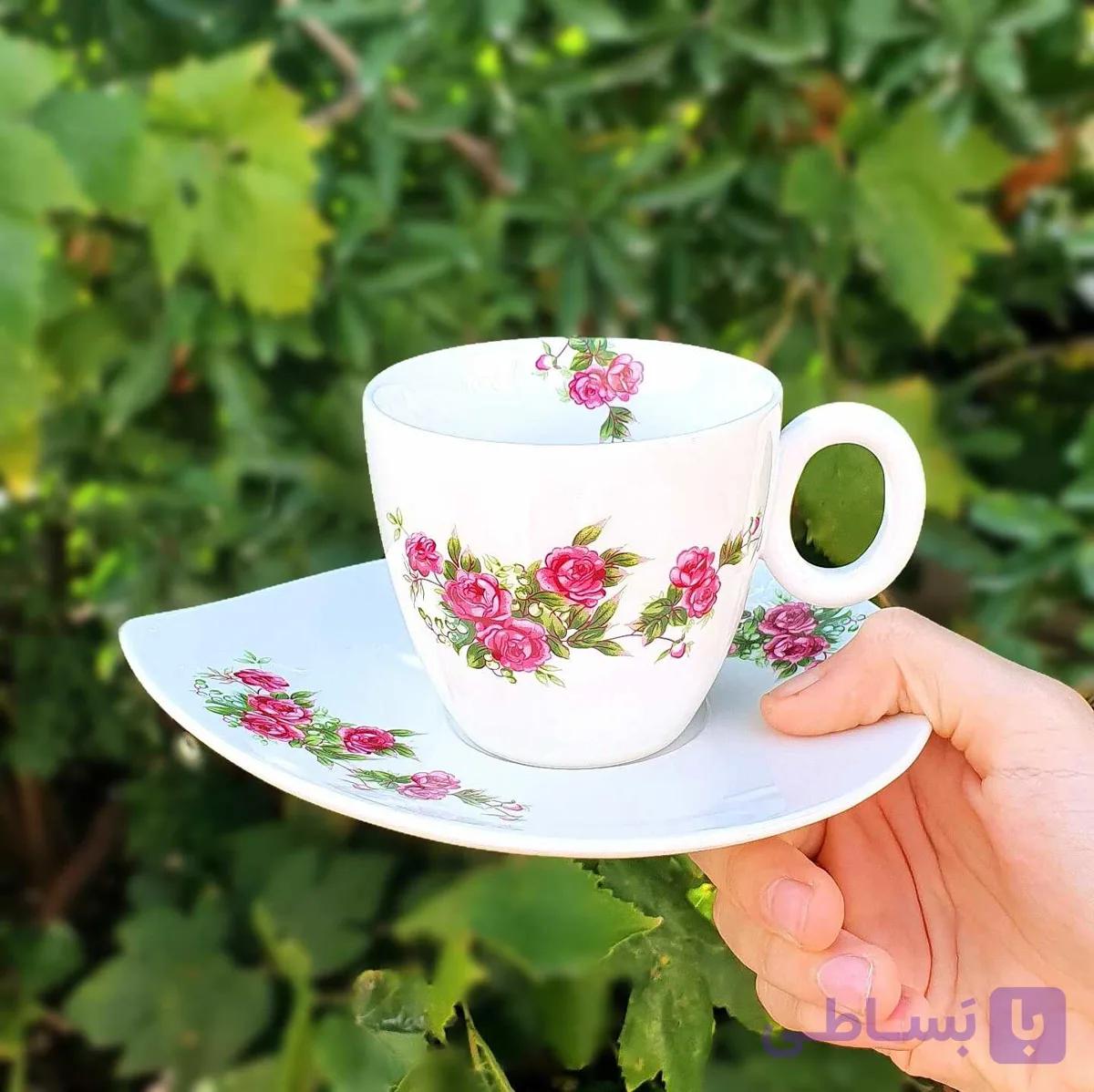 فنجان نعلبکی گلسرخی-بن چاینا تکی-طرح سیاهکل — تصویر 1