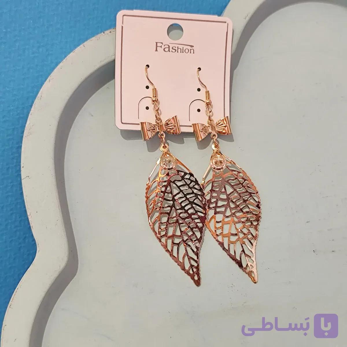 گوشواره طلایی پاپیون و برگ استیل رنگ ثابت