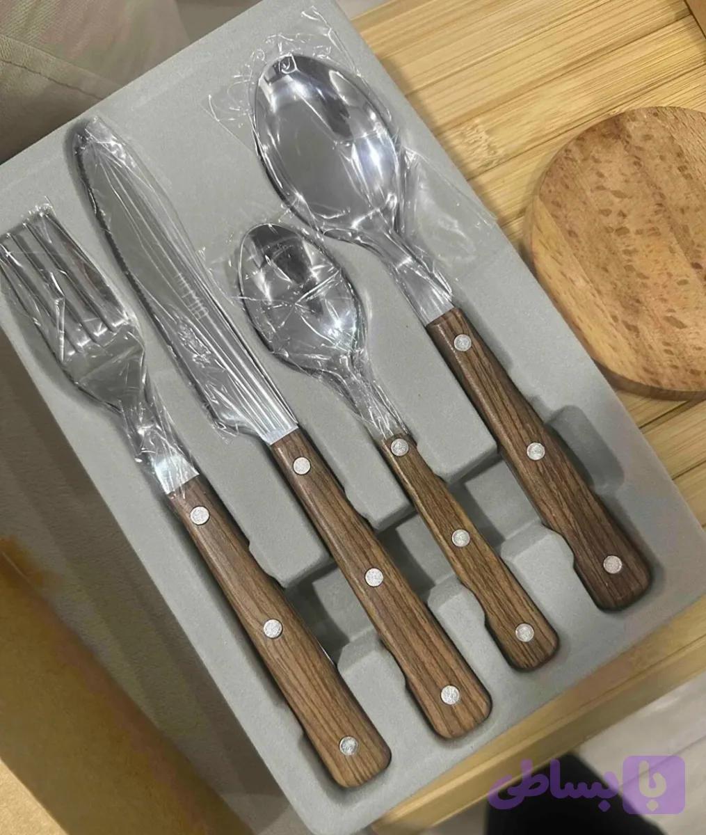 سرویس قاشق چنگال چوبی ۲۴ پارچه استیل ضدزنگ طرح وودی ترکیه