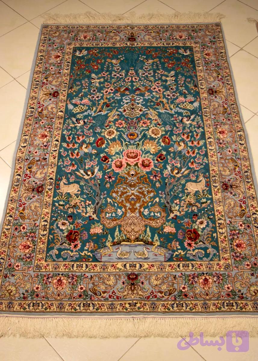فرش دستباف زمینه فیروزه ای هفت چهارک