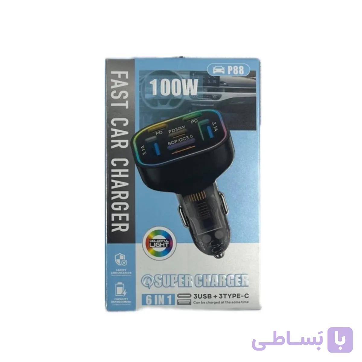 شارژر فندکی 100 وات 6 پورت 6 در 1 سوپر فست مدل P88 تایپ‌ سی و یو اس‌ بی