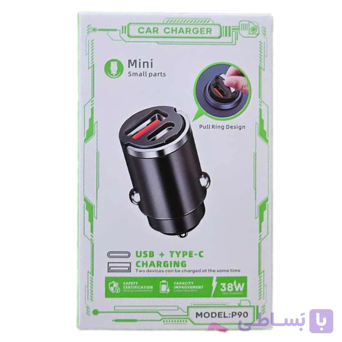شارژر فندکی 38 وات 2 پورت فست شارژ مدل P90 تایپ‌ سی و یو اس‌ بی