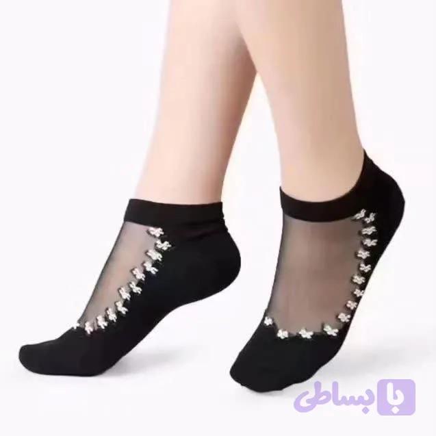 جوراب زنانه زیره نخ رویه نخ کتان طرح گل بابونه