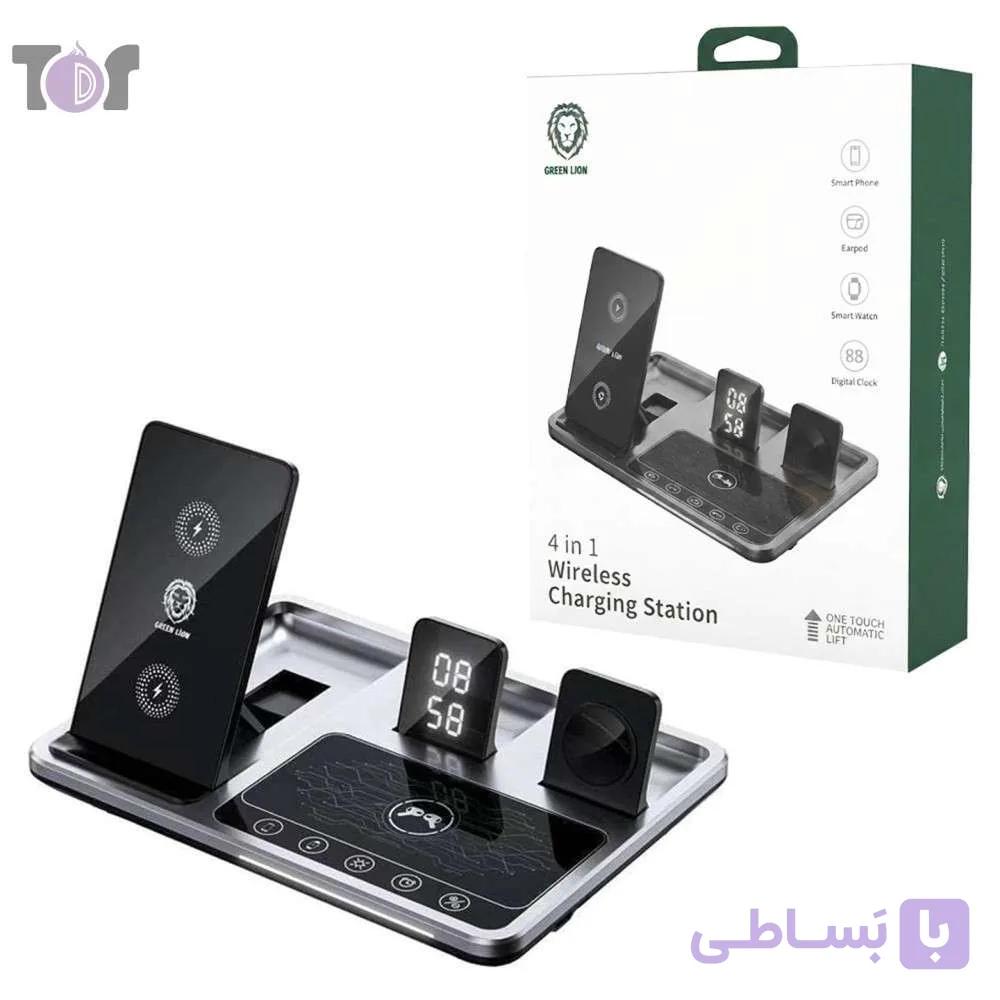 شارژر وایرلس گرین لاین مدل GREEN LION WIRELESS GN4IN1WCSGY | رومیزی ۴ کاره — تصویر 1