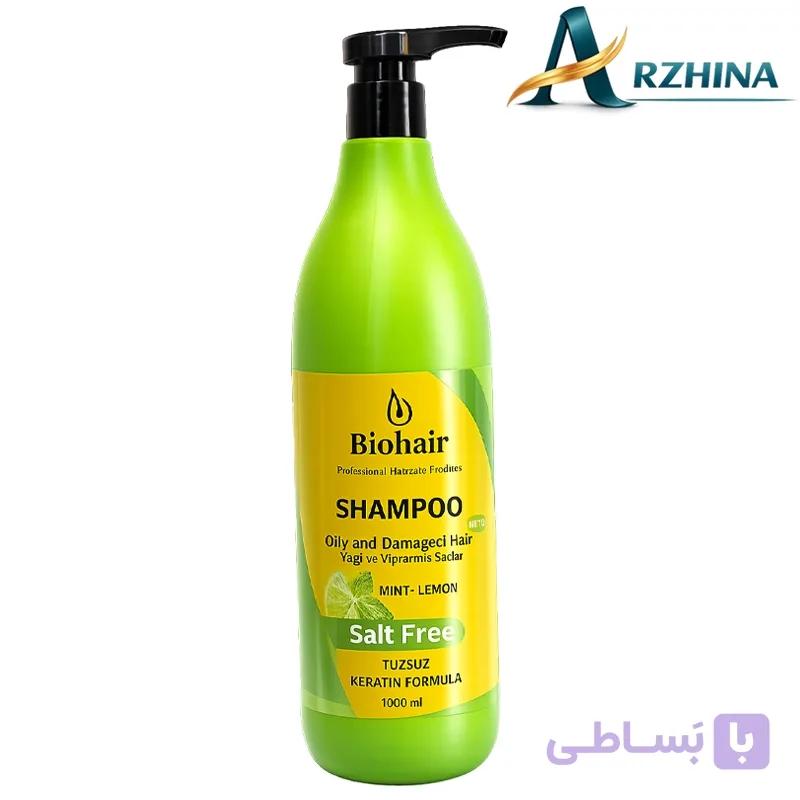 شامپو موهای چرب و آسیب دیده بایو هیر حاوی عصاره نعناع و لیمو