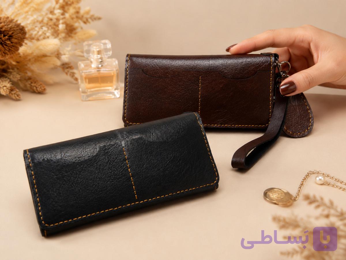کیف پول چرمی زنانه مدل پالتویی جاکلیدی دار – با دوخت تزیینی و قفل مگنتی