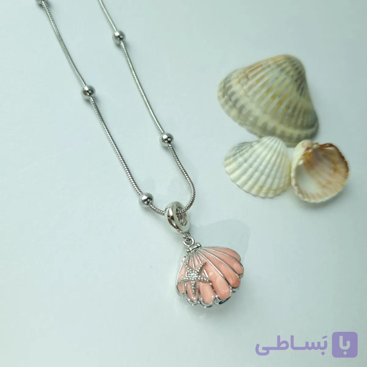 گردنبند لاکت صدف دریایی صورتی استیل با زنجیر — تصویر 1